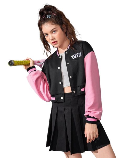 

teen girls number print bomber jacket & pleated skirt set b6xo#, Black;white