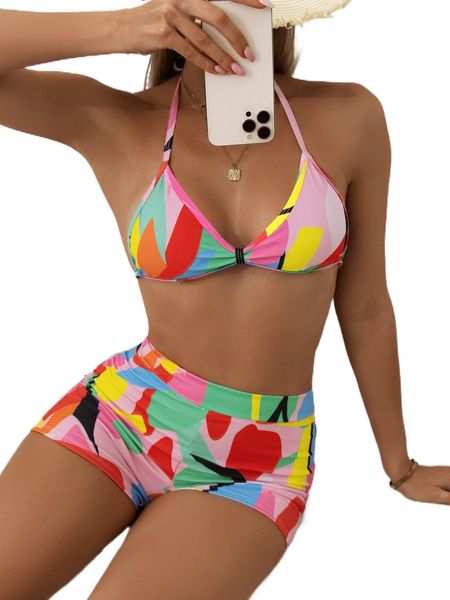 

allover print halter triangle bikini swimsuit p3hs#, White;black