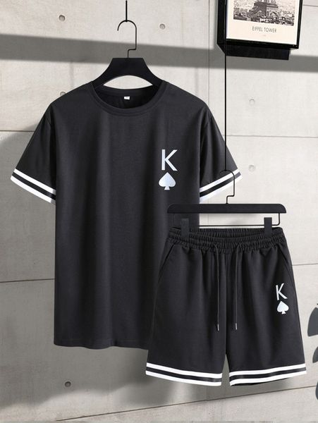 

men playing card print contrast tape tee & shorts c4h2#, Gray