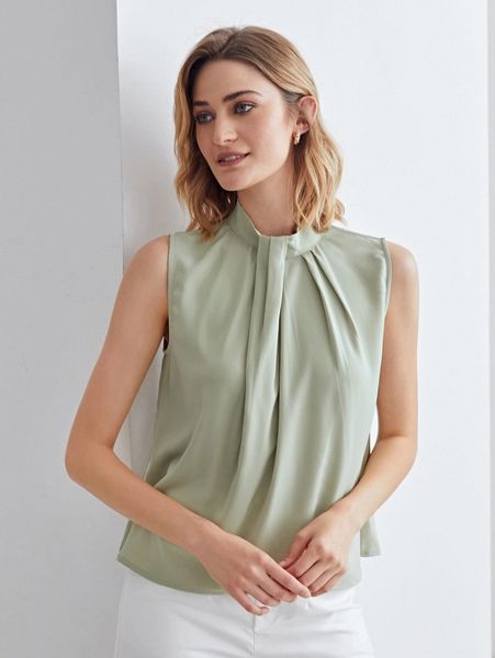 

motf premium stand collar sleeveless 20bz#, White