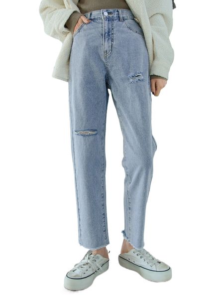 

dazy high waist ripped raw trim straight leg jeans l6ro#, Blue