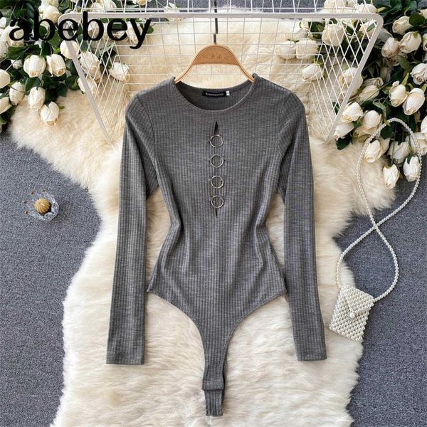 

design hollow ring rompers women long sleeve o neck elastic slim jumpsuits summer streetwear short bodysuit 210715, Black;white