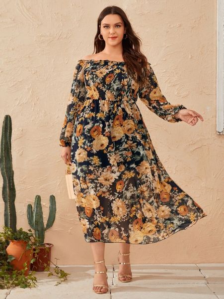 

plus floral print off shoulder lantern sleeve shirred chiffon dress i1bw#, Black