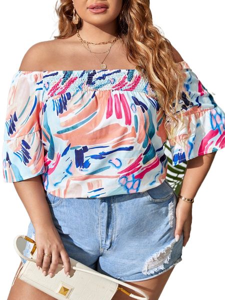 

plus allover print off shoulder shirred flounce sleeve blouse q7dr#, Black