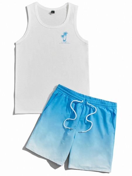 

men letter & palm tree print tank & ombre drawstring waist shorts e02w#, Gray