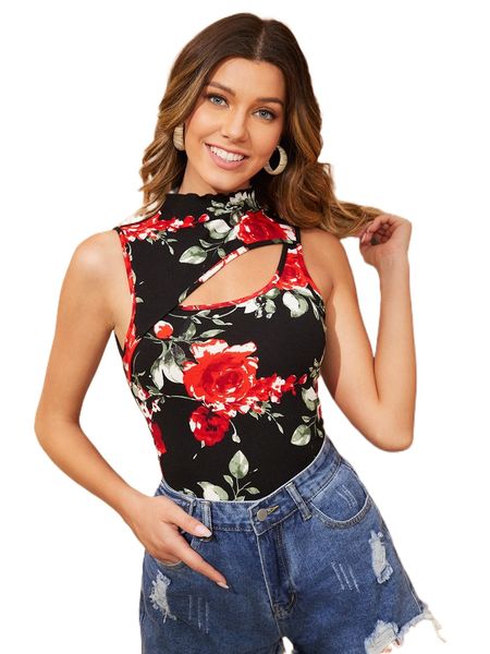 

floral print cutout detail tank j3o7#, White