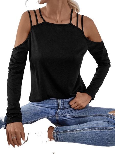 

solid cut out cold shoulder tee s41p#, White