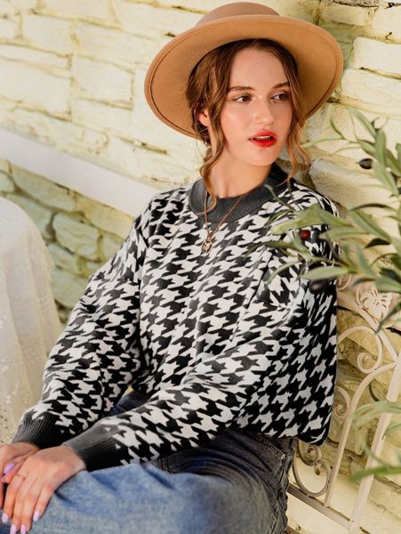 

simplee drop shoulder houndstooth pattern sweater l8vw#, White;black