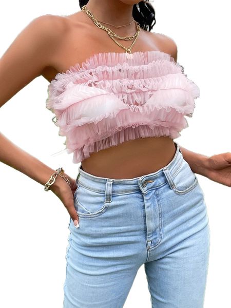 

layered ruffle trim mesh crop tube without bra m5bu#, White