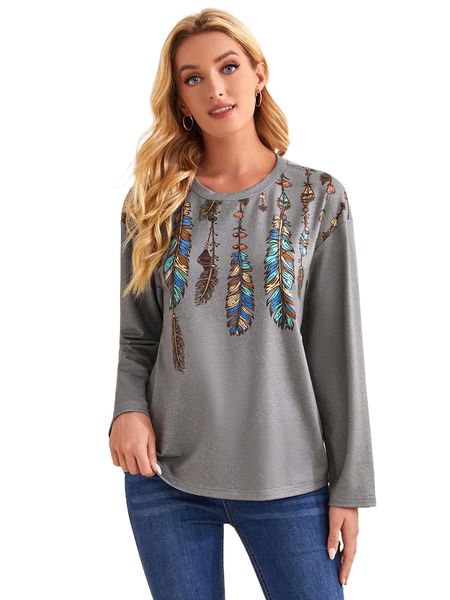 

drop shoulder feather print tee 39ow#, White
