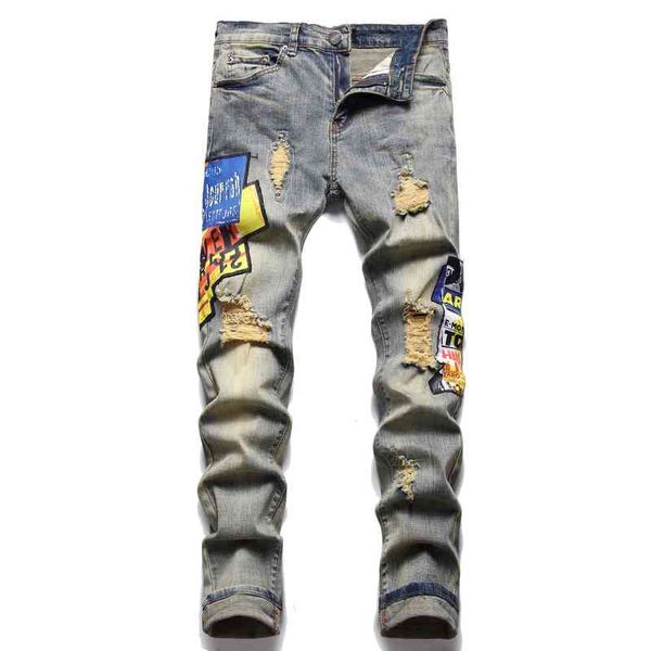 

men's jeans 2022 spring and summer style special fashion hole worn patchwork medium waist men's denim pants el15, Blue