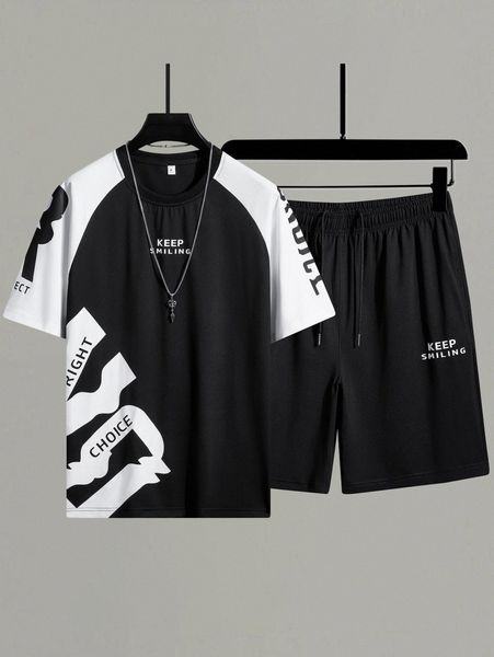 

men slogan graphic contrast raglan sleeve tee & shorts v45a#, Gray