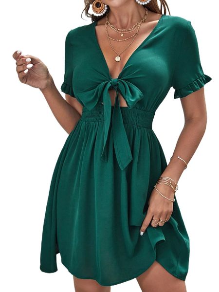 

tie front shirred waist plunging neck frilled cuff dress e8lw#, Black;gray