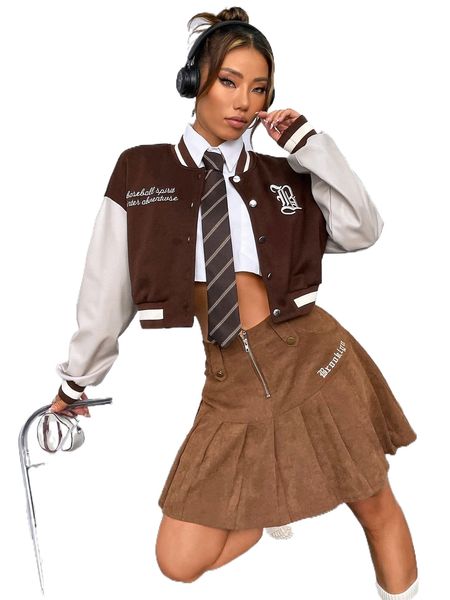 

letter embroidered colorblock drop shoulder bomber jacket 95jj#, Black;brown