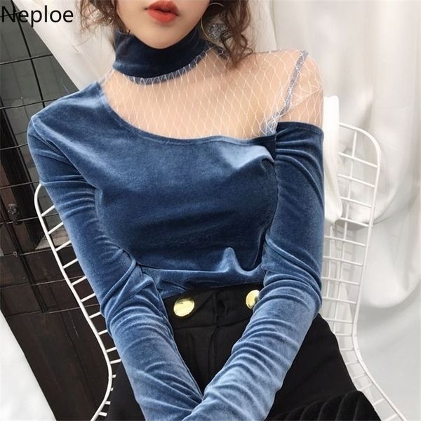 

neploe women velvet blouses long sleeve turtleneck blusas gauze patchwork strapless shirts solid blouse femme 38326 y200402, White