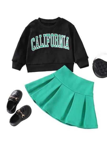 

toddler girls letter graphic sweatshirt & pleated skirt q1i1#, Black;white