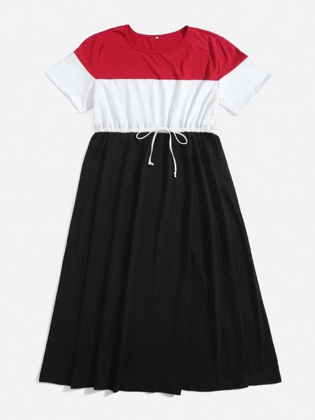 

plus 1pc color block drawstring waist dress k4my#, Black
