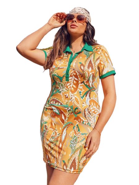 

plus floral print contrast collar dress k9uc#, Black