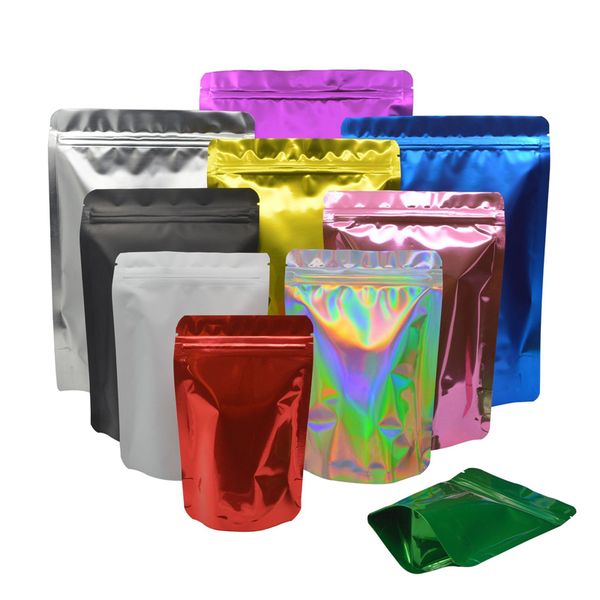 Frente e verso brilhante multicores ziplock reselável saco de mylar armazenamento de alimentos sacos de folha de alumínio caixa de embalagem de plástico bolsas à prova de cheiro recipiente para ervas secas