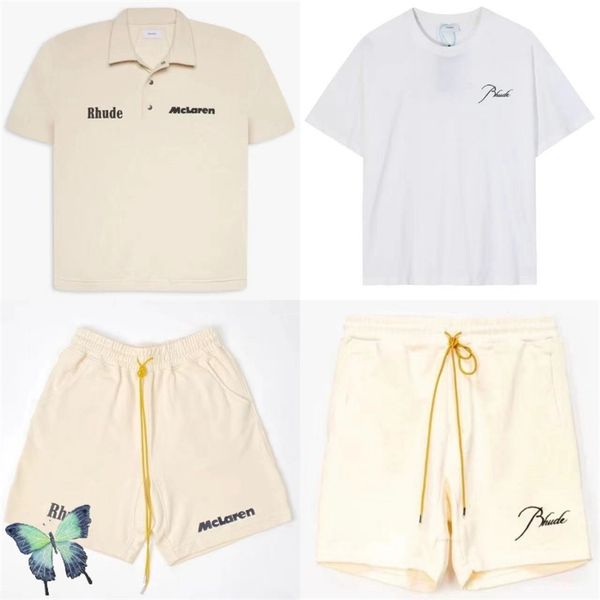 

arrival khaki white embroidery men rhude t shirt set shorts suit 220616, Gray