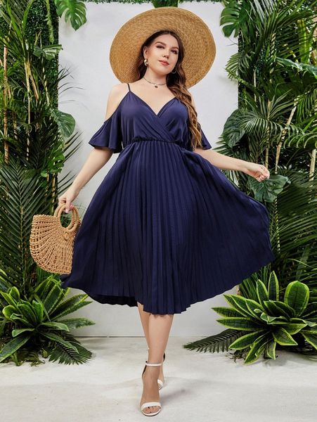 

plus cold shoulder pleated hem dress y9uz#, Black