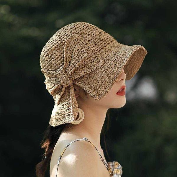 100% Raffia Bow Sun Hat широкий Brim Floppy летние шляпы для женщин пляж Панама соломенная купольная ковша шляпа шляпа шляпа