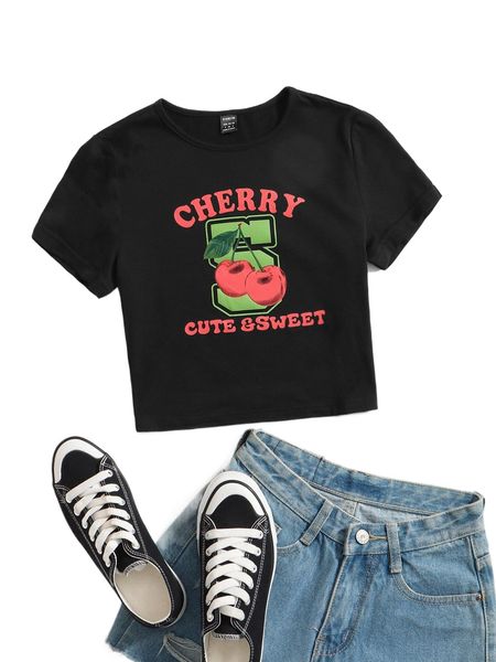 

letter & cherry print round neck crop s43z#, White