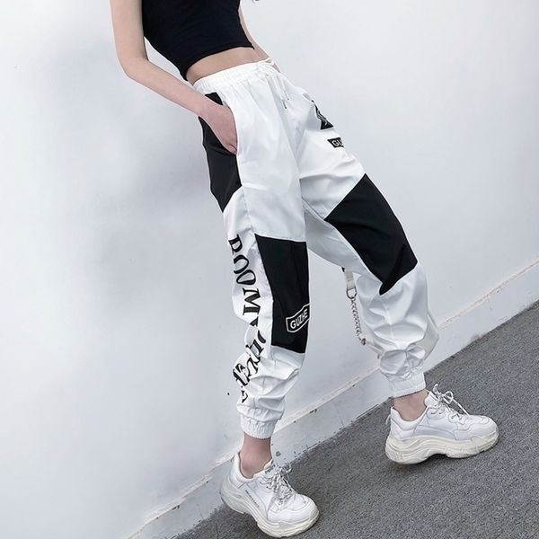 

high waist letter spliced cargo pant loose harajuku bf anklelength overalls pants plus size hip hop womens sports pant y200114, Black;white