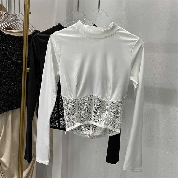 

deat women temperament hollow out slim t-shirt solid color long sleeve round neck fashion spring summer 11b131 210709, White