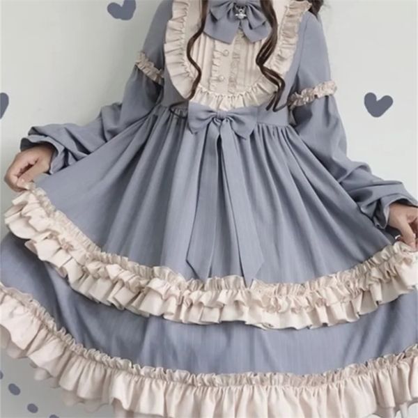 

hstar cute women's lolita op dress flouncing trim japanese harajuku long sleeves victorian dress vestidos gothic lolita cosplay 220418, Black;gray