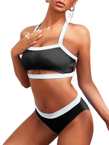 

contrast trim cut out bikini swimsuit 15gt#, White;black
