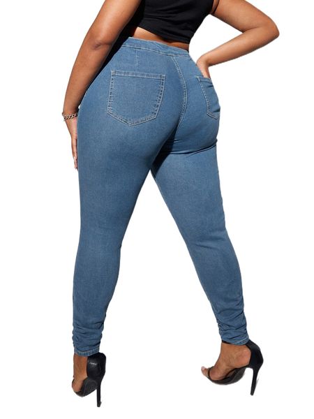 

plus high waist ruched hem skinny jeans 63xg#, Blue