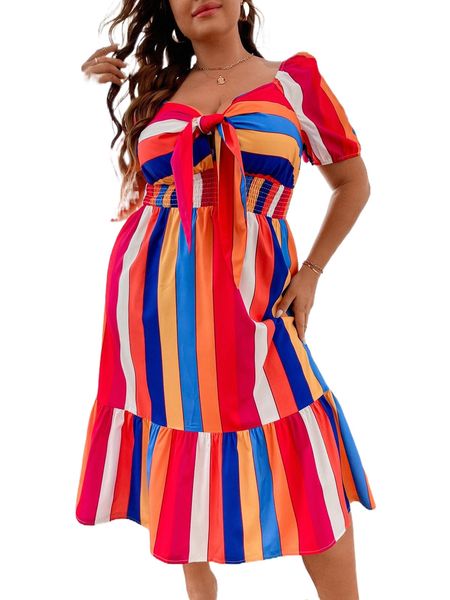 

plus block striped shirred waist knot front ruffle hem dress d0gw#, Black