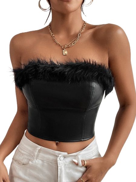 

fuzzy trim zip back pu crop tube t4tj#, White
