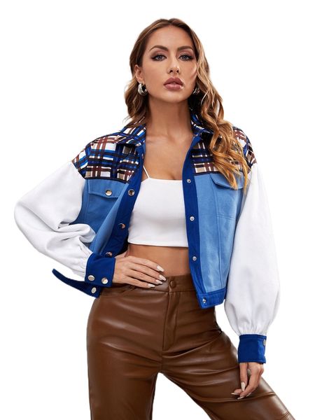 

x larameg plaid & colorblock lantern sleeve jacket 45wc#, Black;brown
