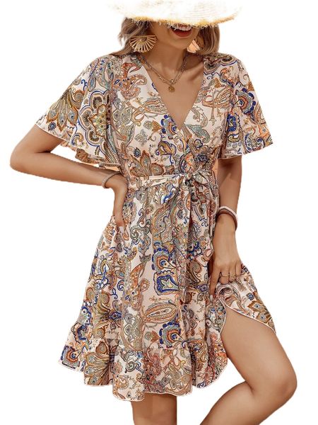 

allover paisley print surplice neck butterfly sleeve dress y8wl#, Black;gray