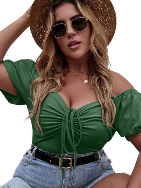 

plus off-the-shoulder drawstring front tee e49z#, Black