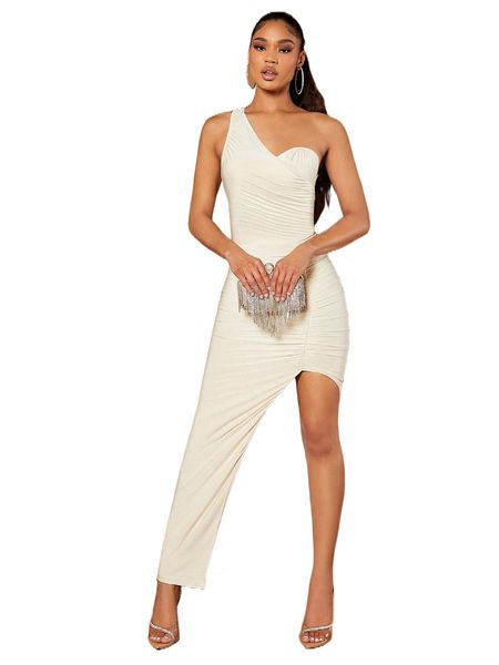 

bae one shoulder ruched slit thigh dress 66h2#, Black;gray