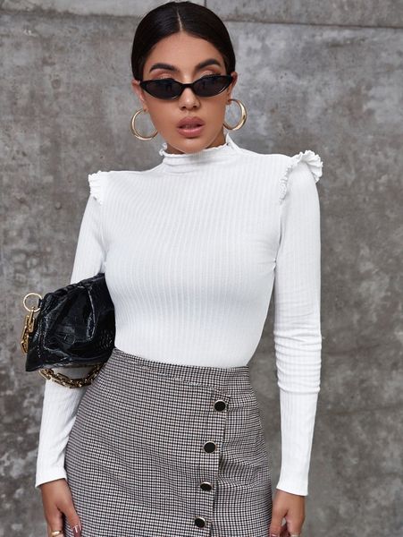 

ribbed ruffled mock neck tee j0tz#, White