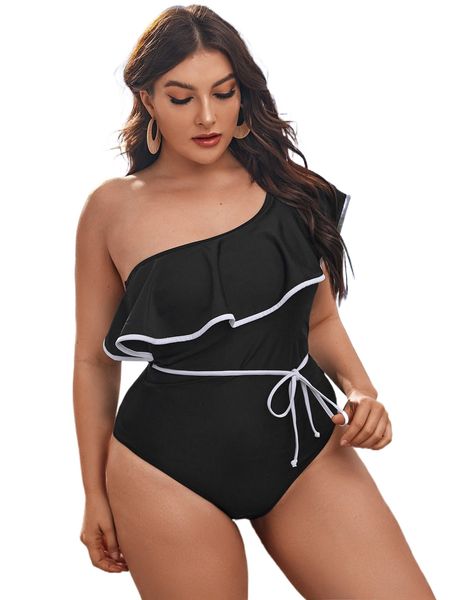 

plus ruffle knot one piece swimsuit f87a#, White;black
