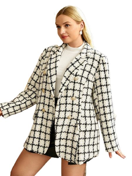 

plus plaid double breasted overcoat 71uf#, Black