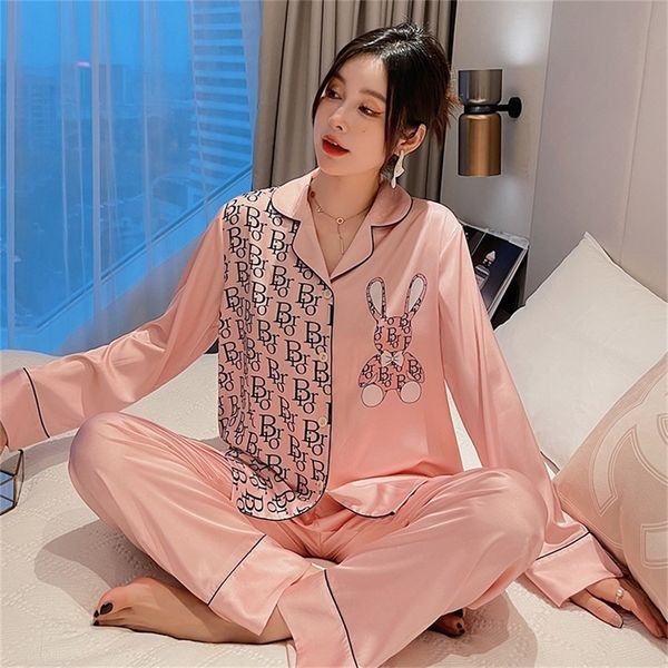 

new style pajamas female cute cartoon print long sleeve pink suit spring and autumn imitation silk home clothes can be worn outside 55% off, Black;red