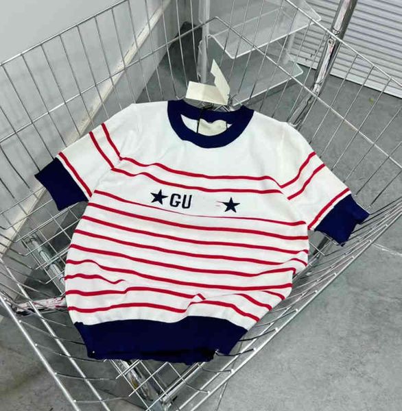 

home five pointed star embroidery round neck knit stripe white trend short sleeve