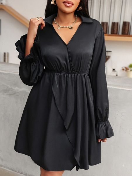 

plus flounce sleeve tulip hem a-line dress b5ki#, Black