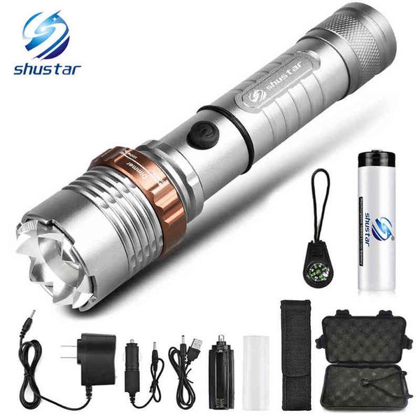 Leistungsstarke LED -Taschenlampe mit Attack Head Self Defense Torch Träger Zoom 5 Beleuchtungsmodi mit Antrieb von 18650 Batterie mit Kompass J220713