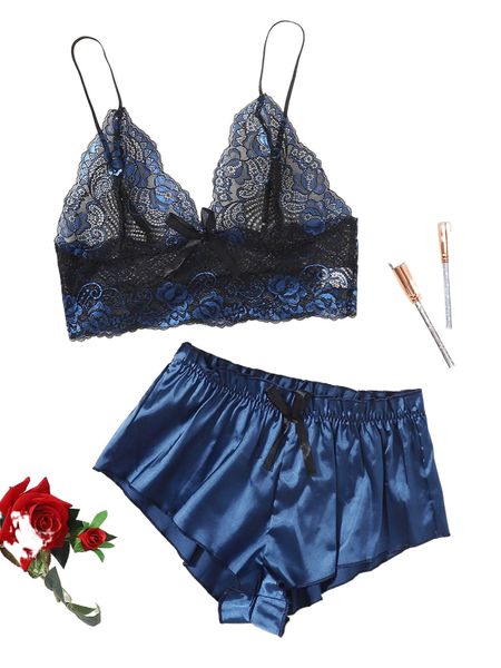 

floral lace bralette with satin shorts 01eu#, Black;red