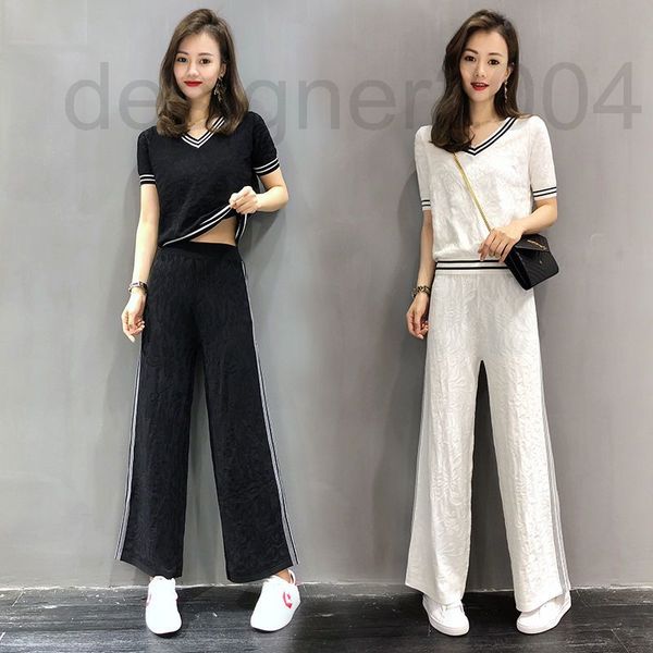 

two piece dress designer 2020 new leisure wide leg pants set women's summer foreign style fashion ice silk knitted sportswear two-piece, White