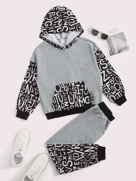 

girls colorblock letter graphic hoodie & sweatpants set she, White