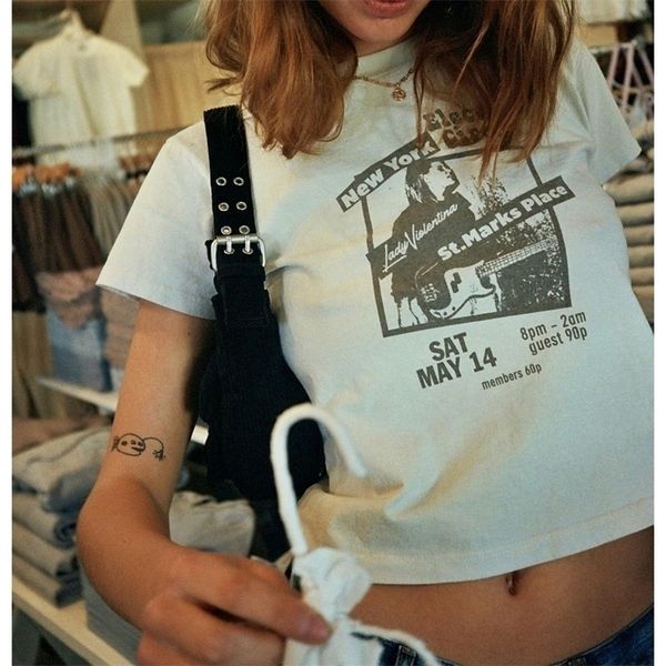 90er Jahre Vintage Gitarre Crop Top Frauen Sommer Rundhals Kurzarm Baumwolle T Shirt Femme Casual Streetwear Retro T-shirt Tops 220514