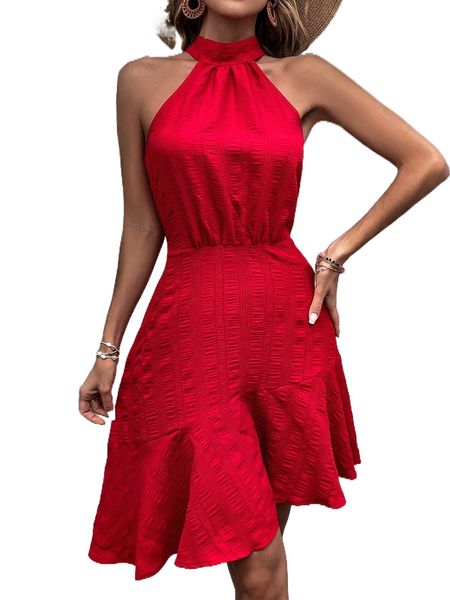 

solid textured ruffle hem halter dress a98v#, Black;gray